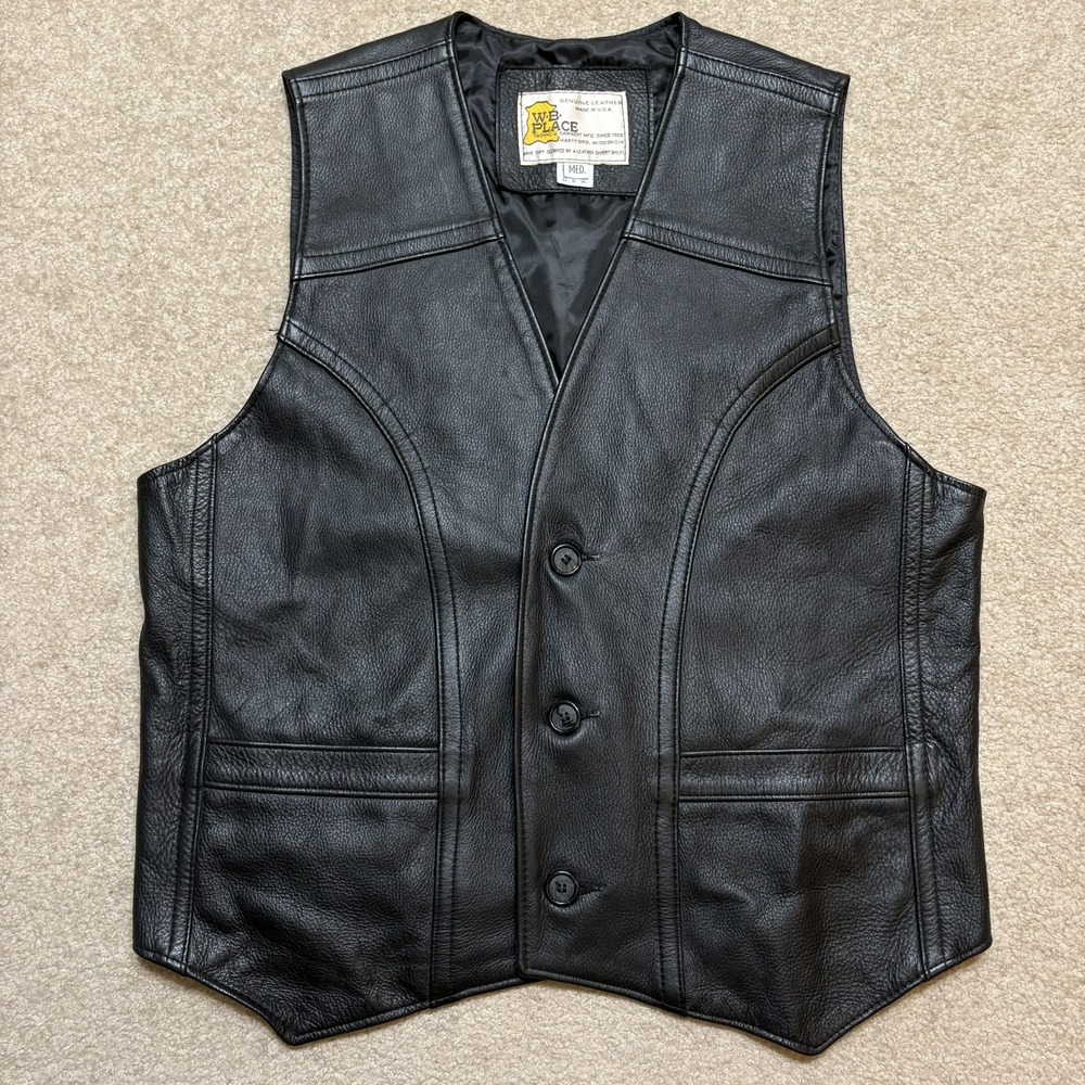 Vtg WB Place Leather Vest Mens Medium Black Made USA Western Biker Button Moto